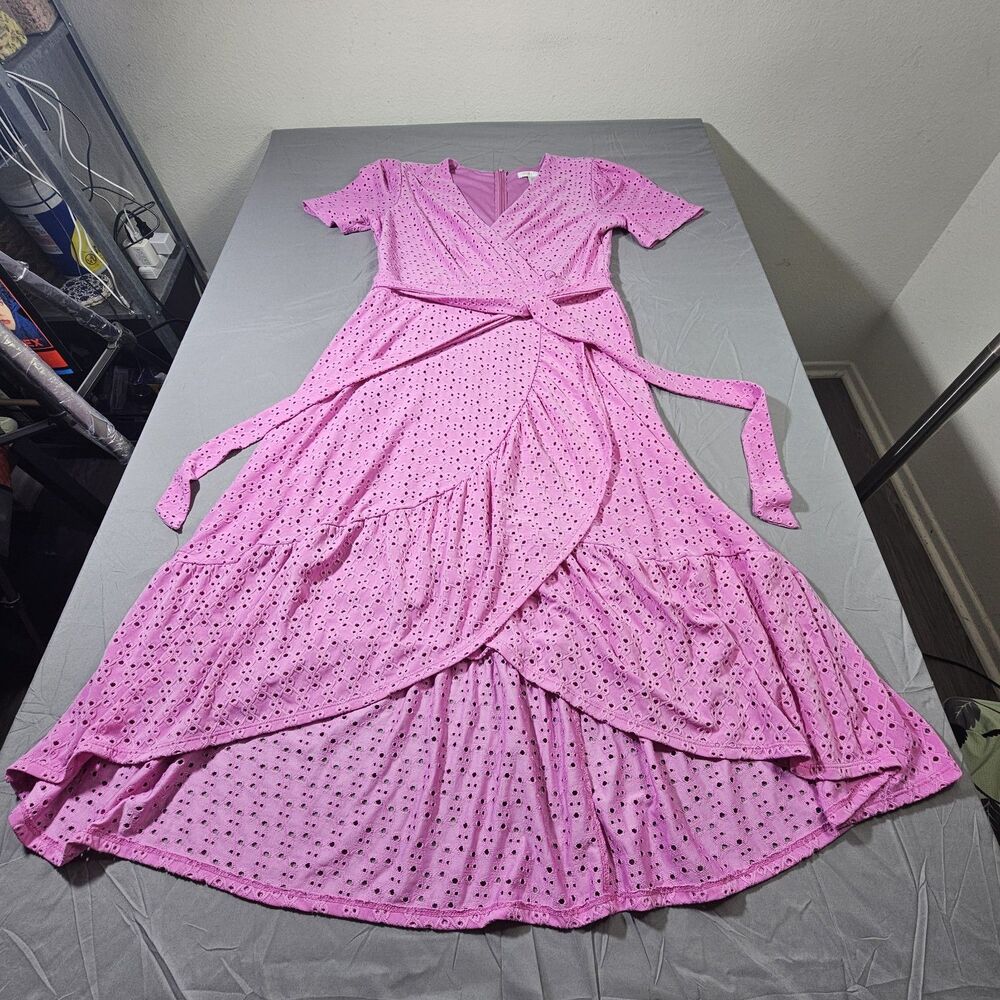 London Times Women's Short Sleeve Ruffle Wrap Eyelet Dress in hot pink size 10